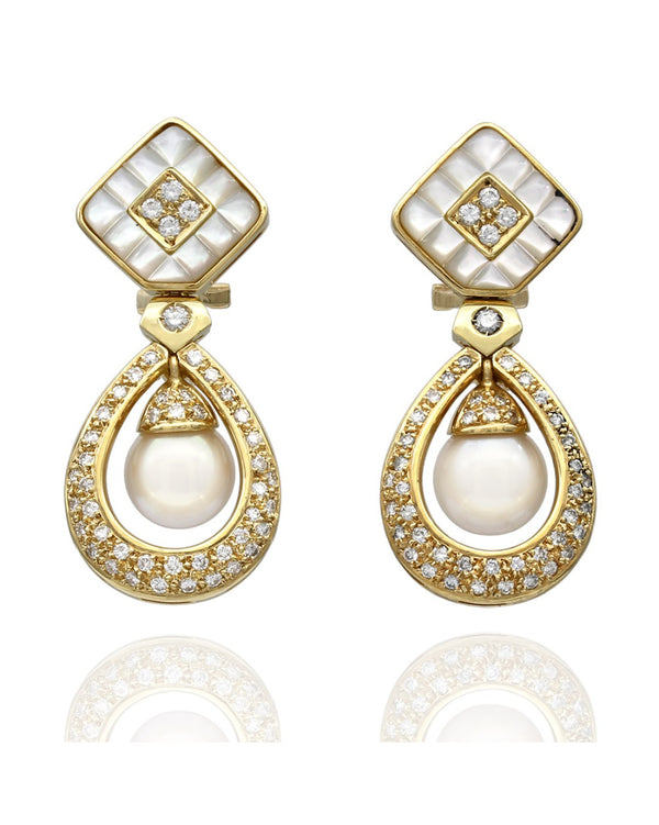 Mother of Pearl, Pearl and Diamond Drop Earrings