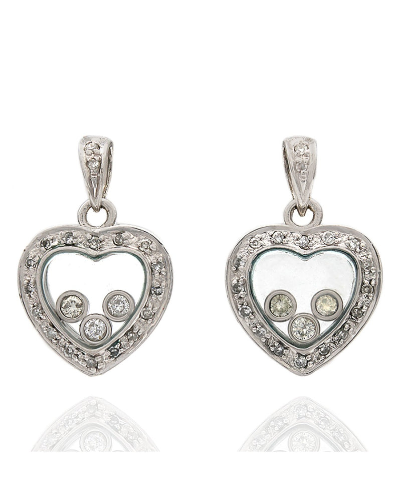 Floating Diamond Heart Drop Earrings in White Gold