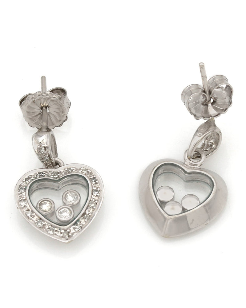 Floating Diamond Heart Drop Earrings in White Gold