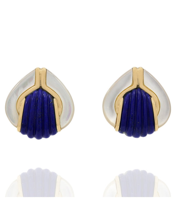 Mother of Pearl and Fluted Lapis Clip On Earrings