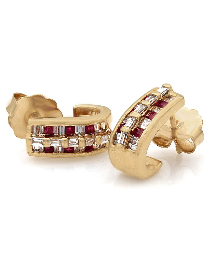 Ruby and Diamond J Hoop Earrings in 14k Yellow Gold