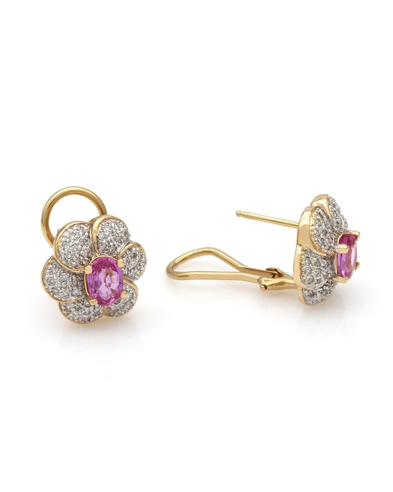 Pink Sapphire and Diamond Pave Flower Earrings