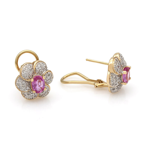 Pink Sapphire and Diamond Pave Flower Earrings