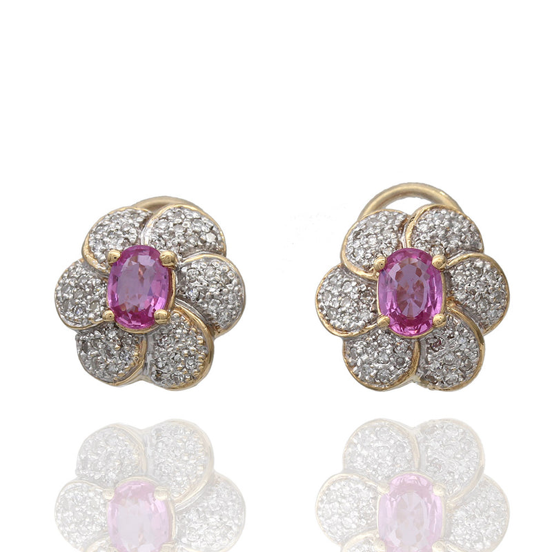 Pink Sapphire and Diamond Pave Flower Earrings