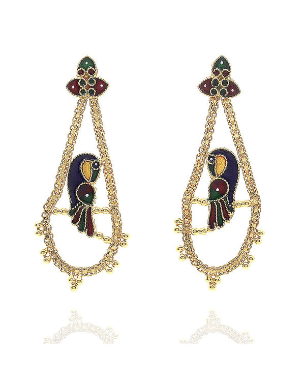 Enamel Bird Screwback Drop Earrings in 22K Gold