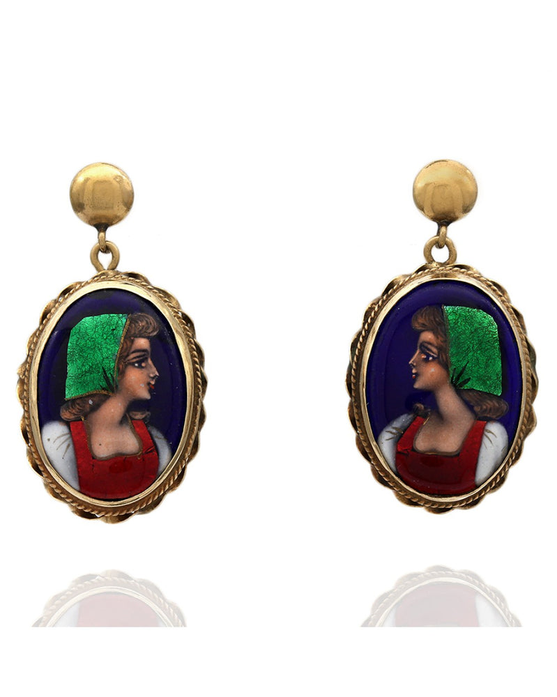 Vintage Painted Peasant Portrait Drop Earrings