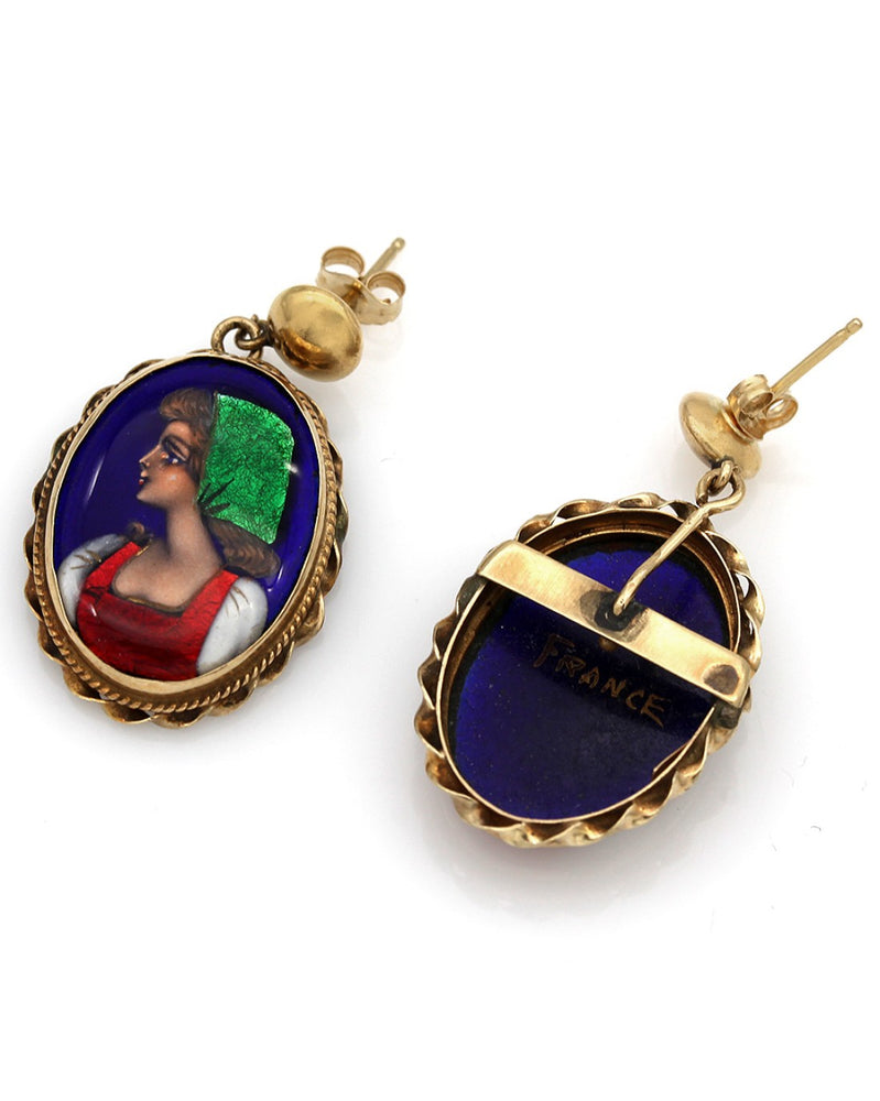 Vintage Painted Peasant Portrait Drop Earrings