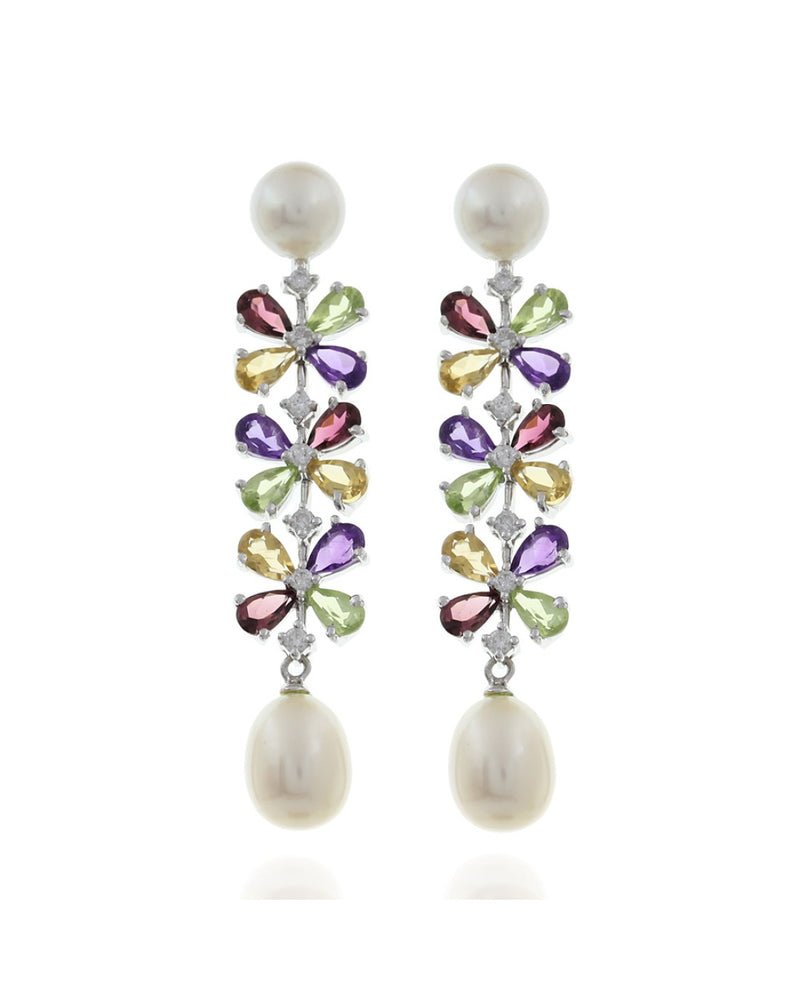 Pearl and Mixed Gem Dangle Earrings