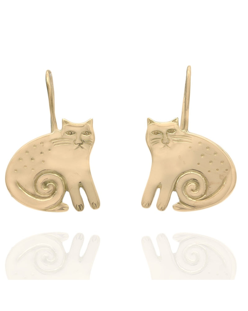 Etched Cat Drop Earrings in Gold