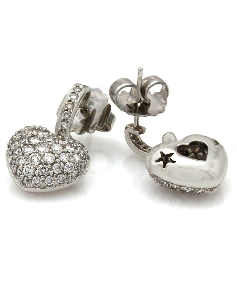 Norman Covan Pave Puffy Heart Diamond Drop Earrings in 18k white gold