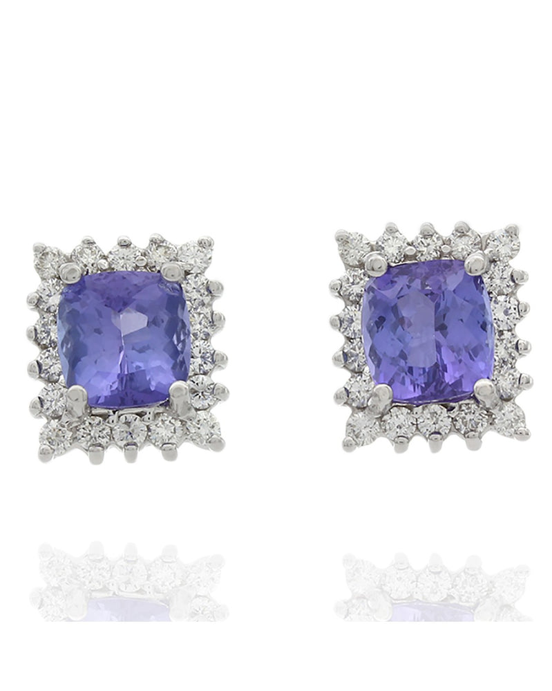 Sqaure Tanzanite and Diamond Halo Earrings