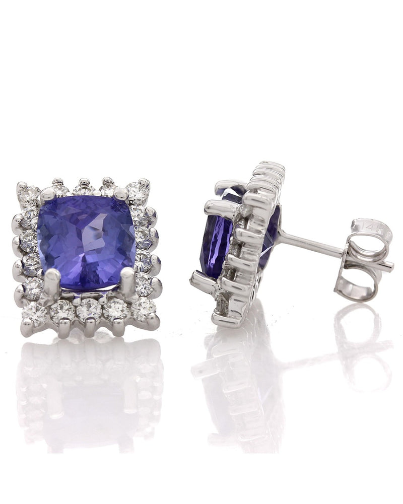 Sqaure Tanzanite and Diamond Halo Earrings