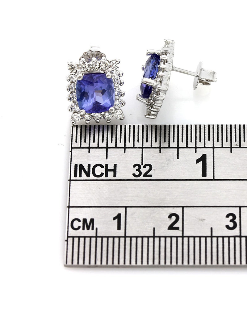 Sqaure Tanzanite and Diamond Halo Earrings