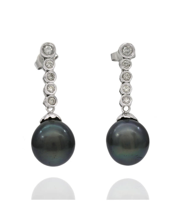 Black Tahitian Pearl and Diamond Drop Earrings in White Gold