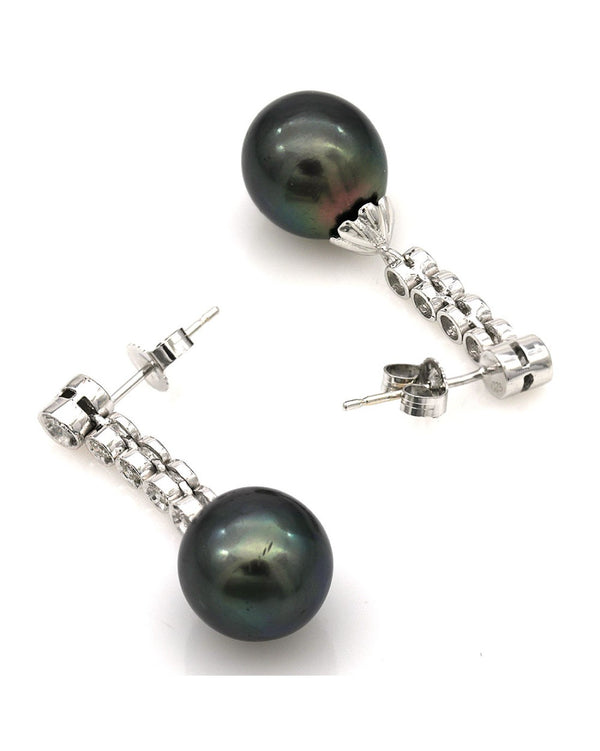 Black Tahitian Pearl and Diamond Drop Earrings in White Gold