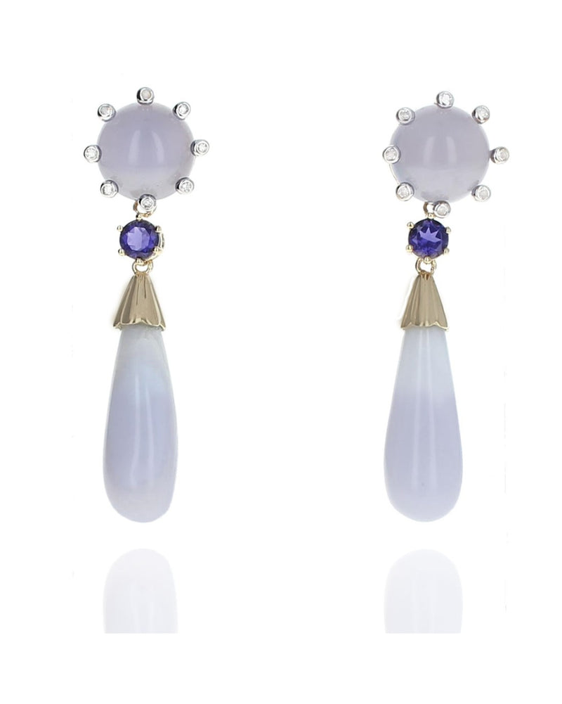 Chalcedony, Iolite, Agate and Diamond Dangle Earrings