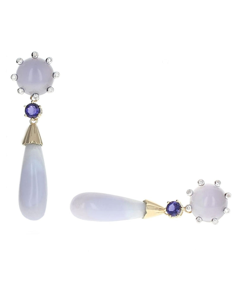 Chalcedony, Iolite, Agate and Diamond Dangle Earrings