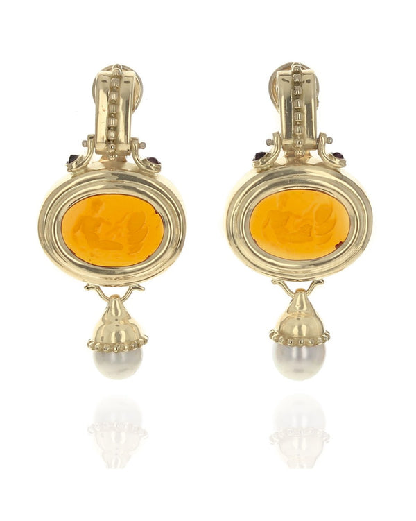 Amber Intaglio Pearl Drop Earrings