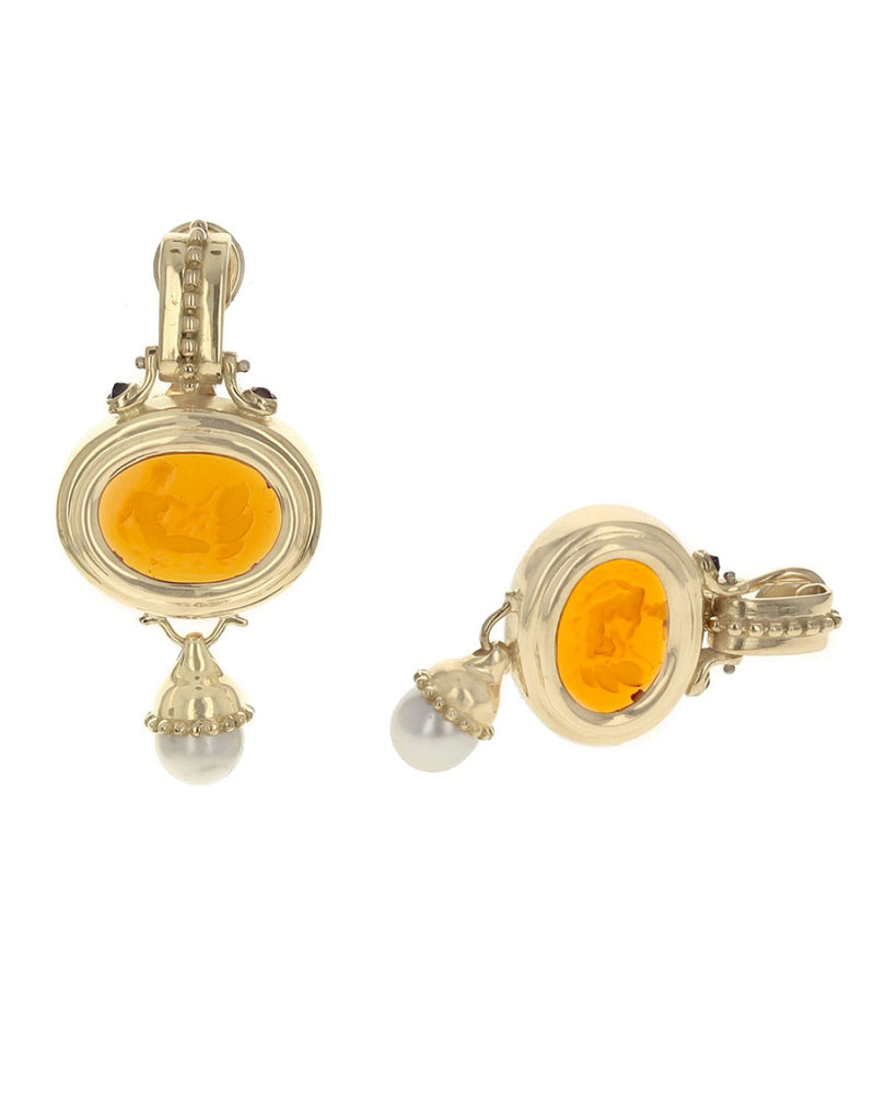 Amber Intaglio Pearl Drop Earrings