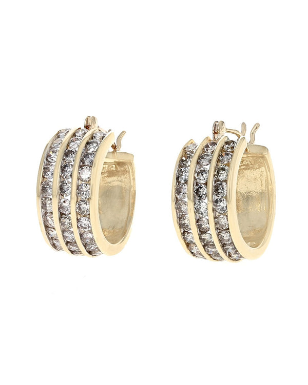 3 Row Diamond Hoop Earrings in Yellow Gold