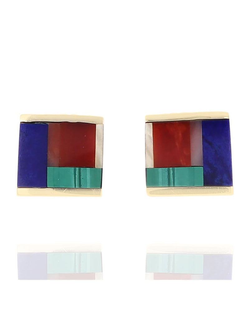 Lapis, Malachite and Red Coral Square Earrings