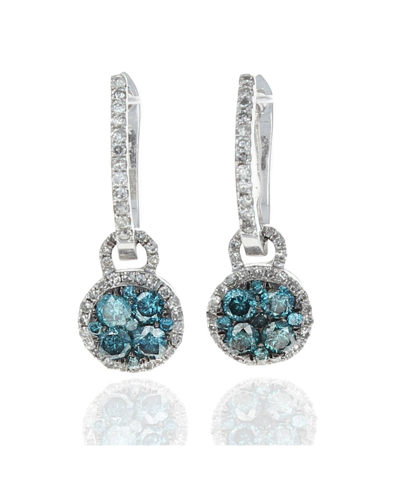 Irradiated Blue Diamond Halo Charm Drop Earrings