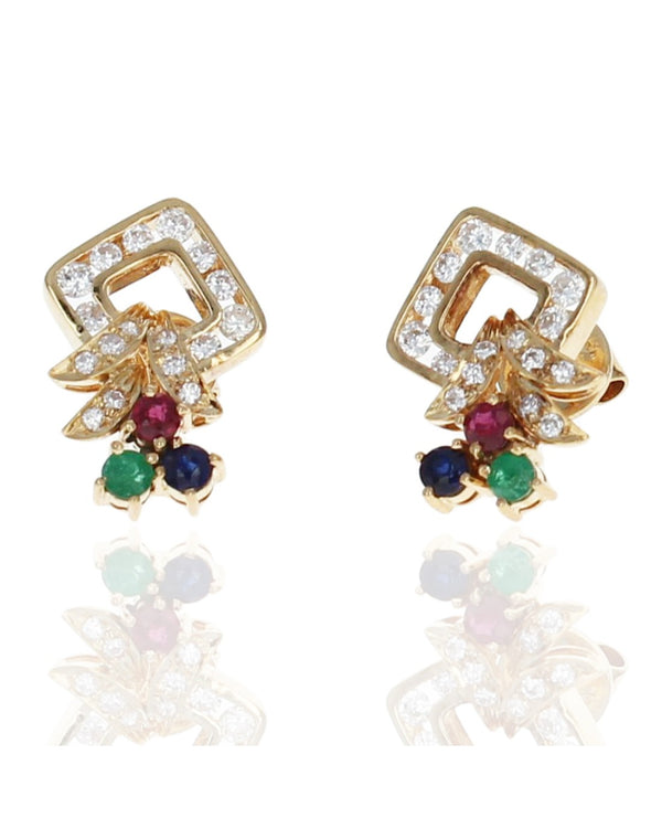 Ruby, Sapphire, Emerald Trio Diamond Drop Earrings