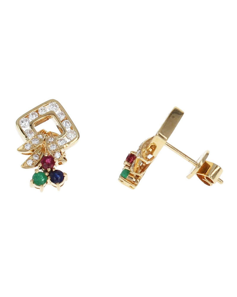 Ruby, Sapphire, Emerald Trio Diamond Drop Earrings