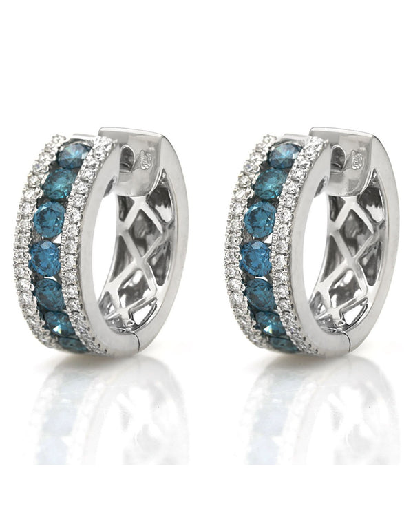 3 Row Blue and White Diamond Huggie Earrings