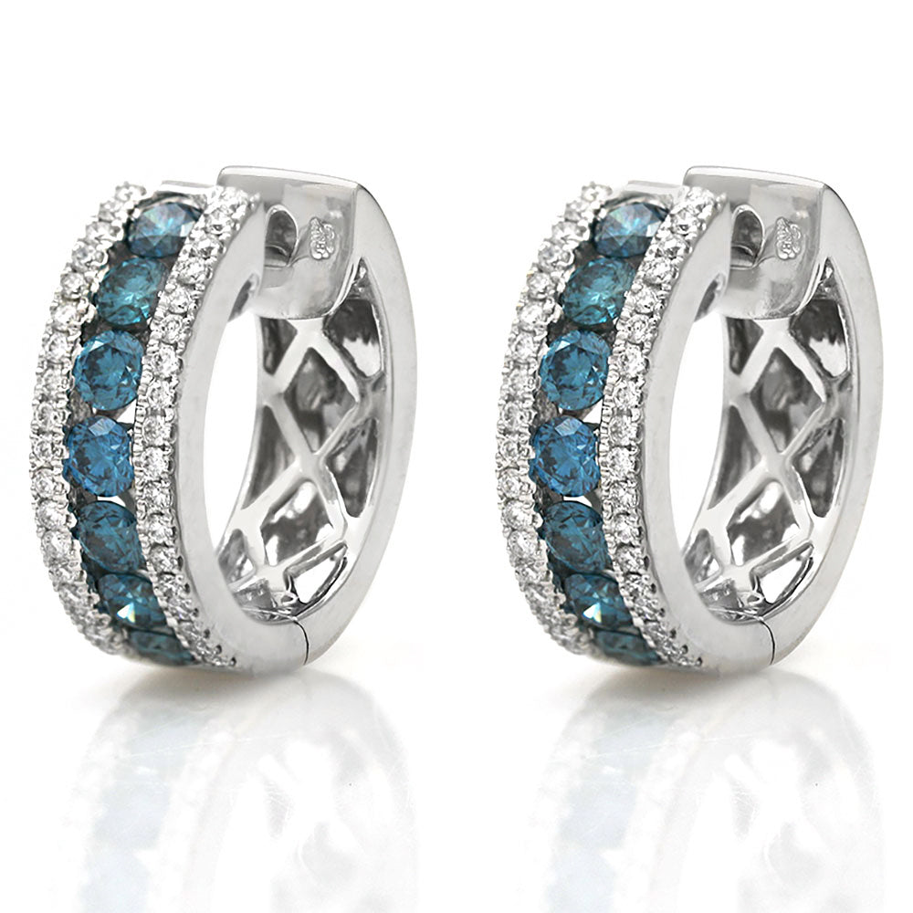 3 Row Blue and White Diamond Huggie Earrings