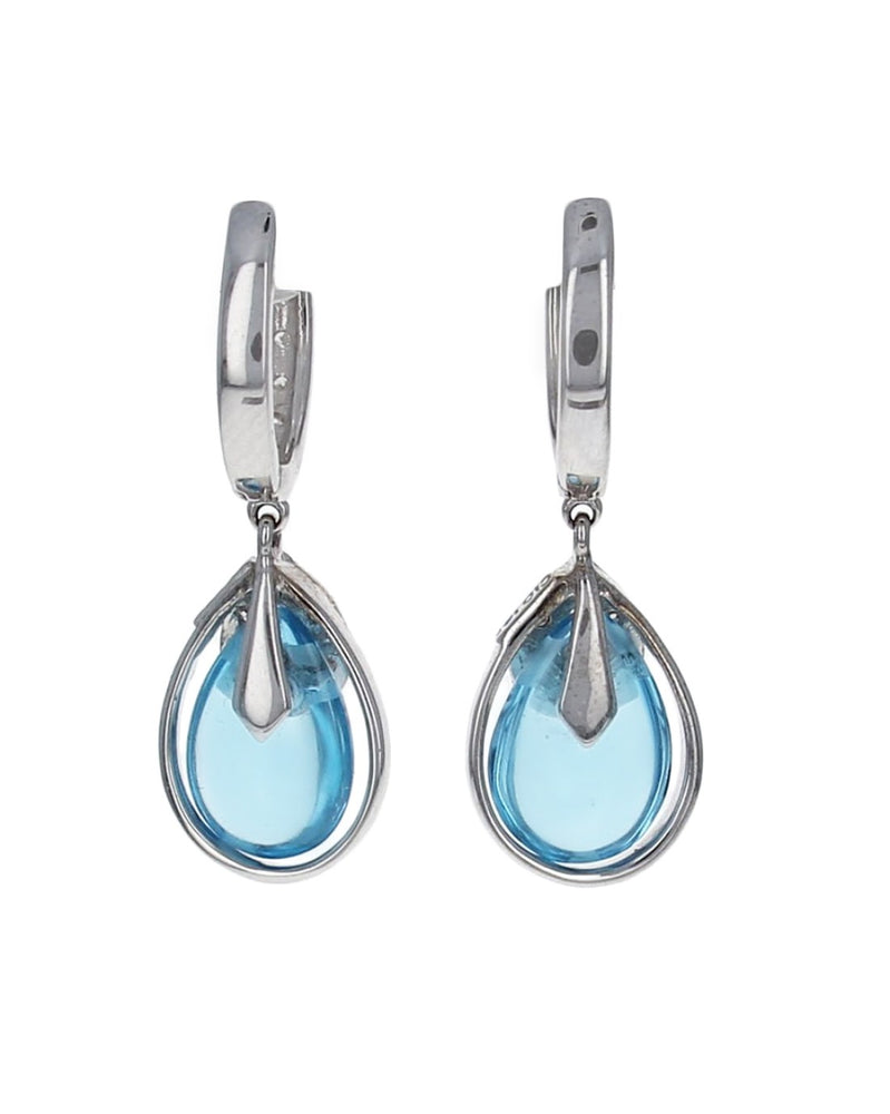 Pear Shaped Blue Topaz Cabochon and Diamond Drop Earrings