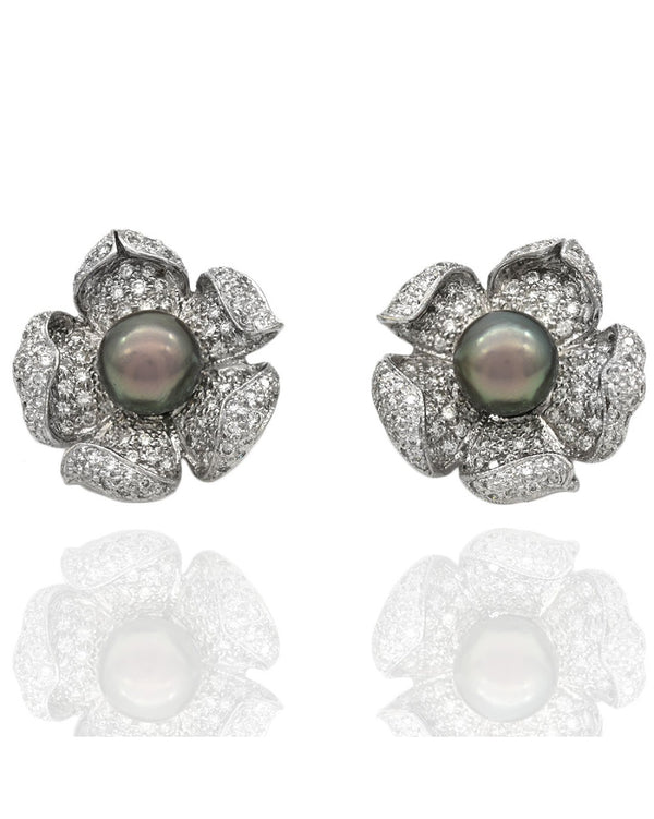 Diamond and Tahitian Black Pearl Flower Motif Earrings