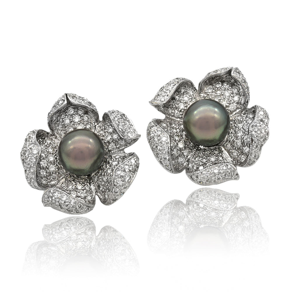 Diamond and Tahitian Black Pearl Flower Motif Earrings