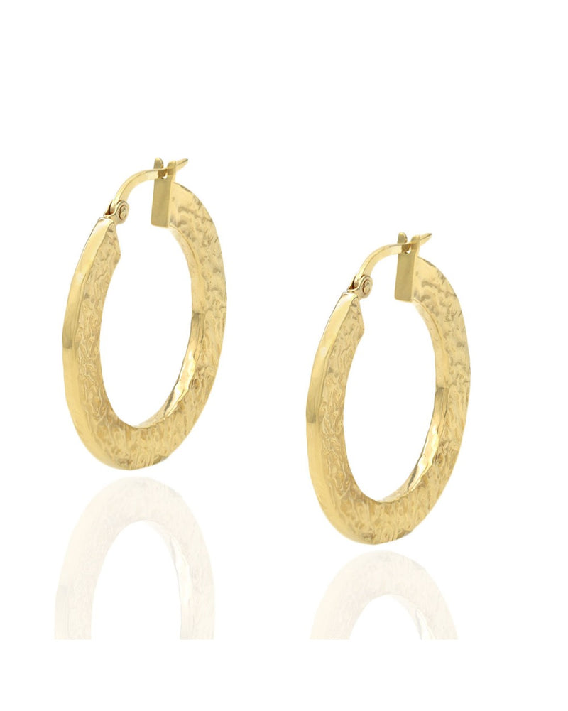 Flat Hammered Hollow Hoops in Yellow Gold