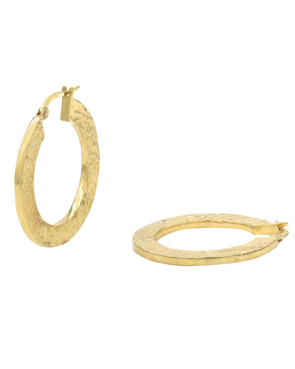 Flat Hammered Hollow Hoops in Yellow Gold