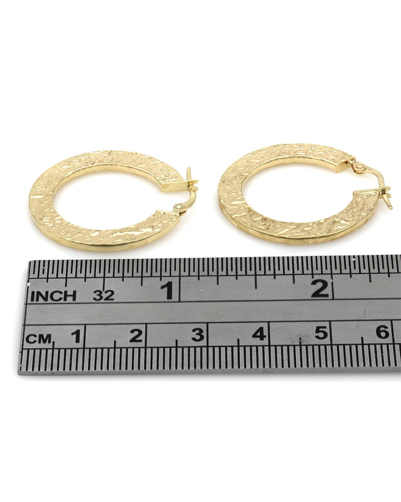 Flat Hammered Hollow Hoops in Yellow Gold