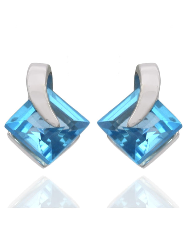 Square Swiss Blue Topaz Studs in White Gold