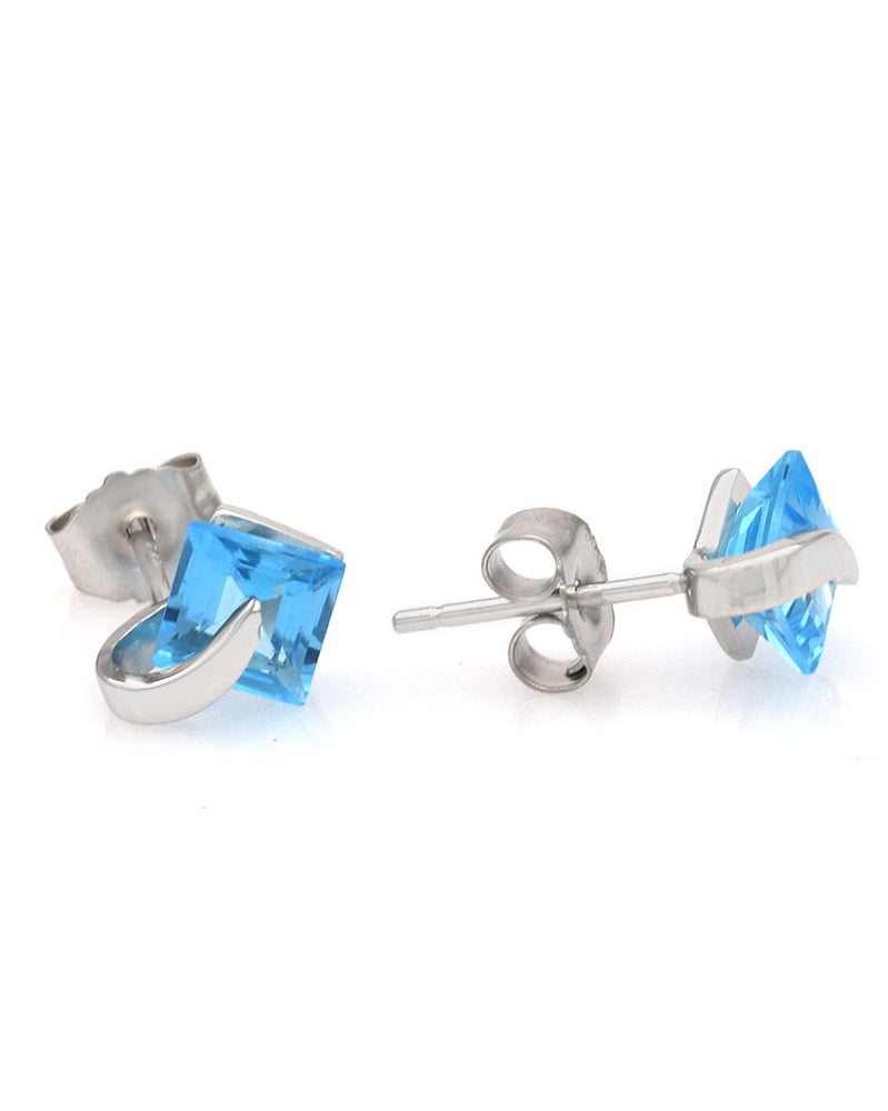 Square Swiss Blue Topaz Studs in White Gold