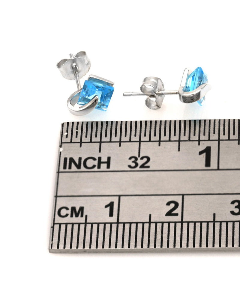 Square Swiss Blue Topaz Studs in White Gold