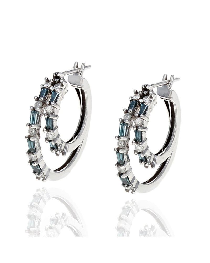 Alternating Blue and White Diamond Double Circle Hoop Earrings in White Gold