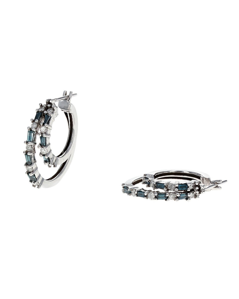 Alternating Blue and White Diamond Double Circle Hoop Earrings in White Gold