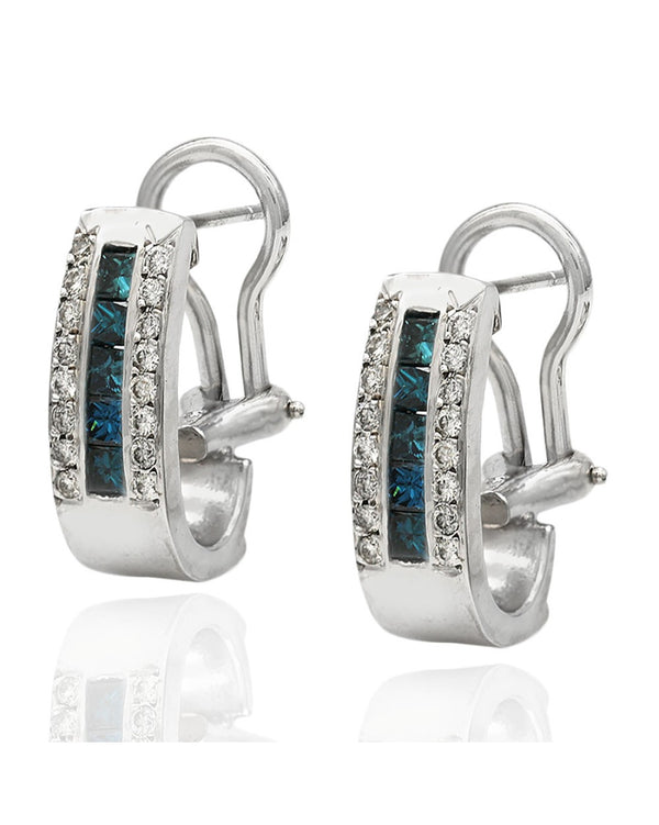 White and Irradiated Blue Diamond J Earrings in White Gold