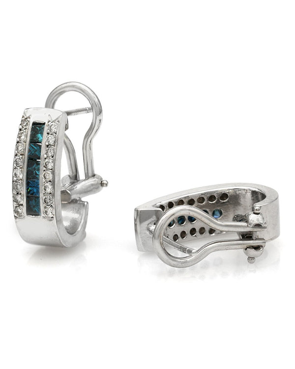 White and Irradiated Blue Diamond J Earrings in White Gold