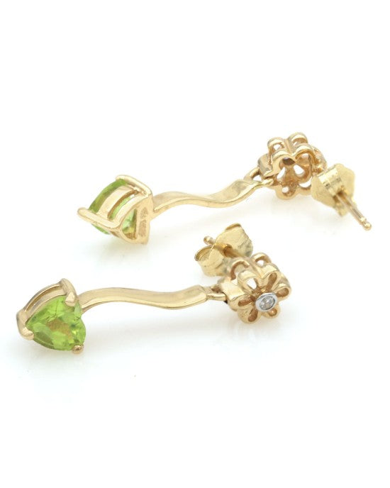 Peridot & Diamond Flower Dangle Earrings in Yellow Gold