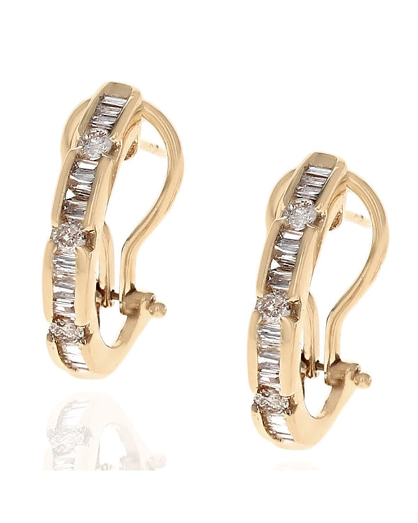 Baguette and Round Diamond Half Hoop Earrings in Yellow Gold