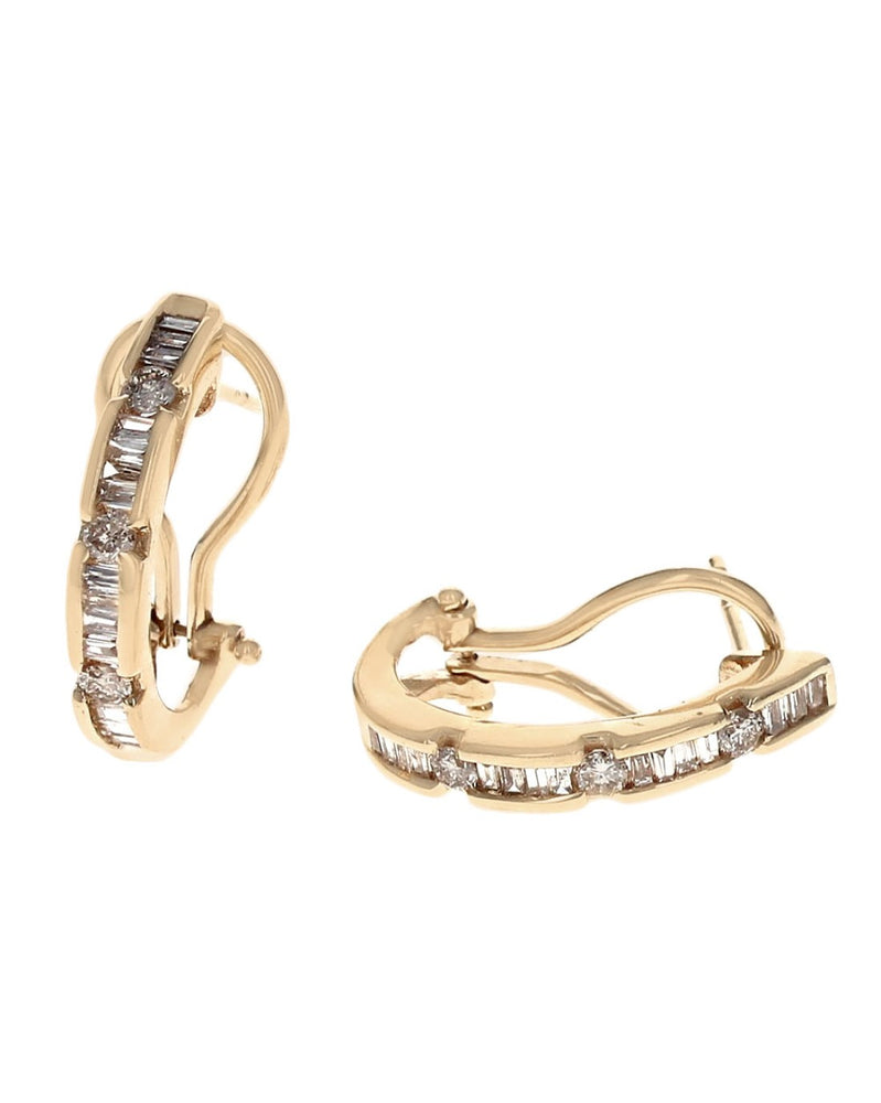 Baguette and Round Diamond Half Hoop Earrings in Yellow Gold