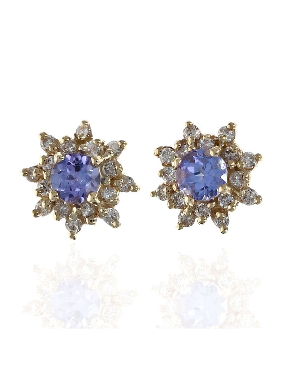 Tanzanite and Diamond Cluster Earrings in Yellow Gold