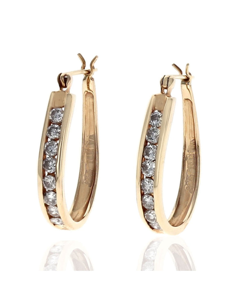 Diamond Elongated Oval Hoop Earrings in Yellow Gold