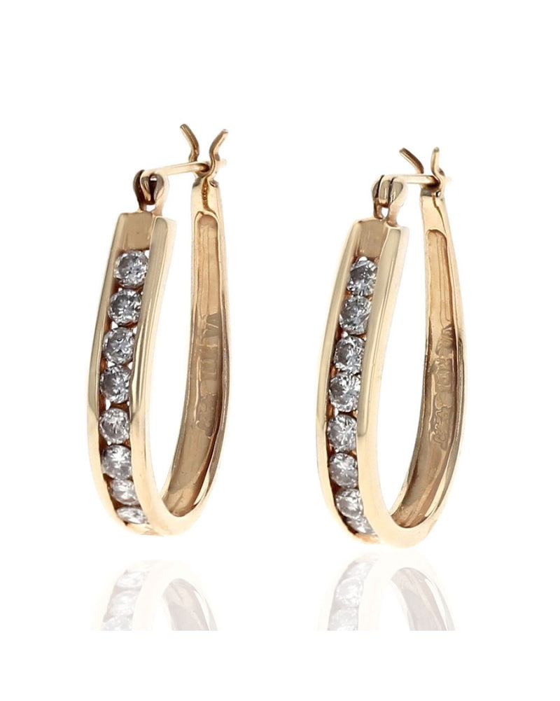 Diamond Elongated Oval Hoop Earrings in Yellow Gold