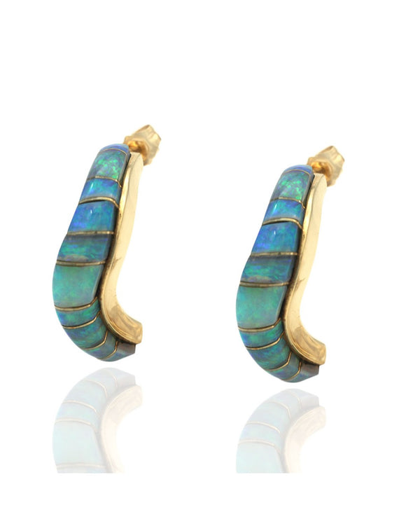 Opal Inlay S Curve Earrings in Yellow Gold